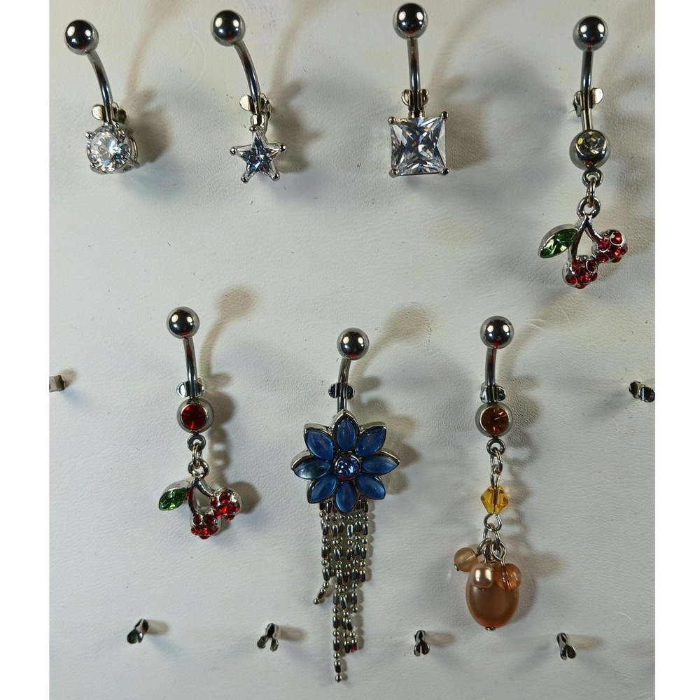 Vintage 90s Belly Button Rings 316L Surgical Steel 14G Cherry Flower CZ 7pc Set - Picture 6 of 17
